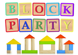 image says block party and shows wooden building blocks